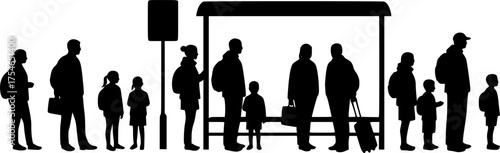 Children and adults waiting at bus stops silhouette vector illustration isolated on white background
