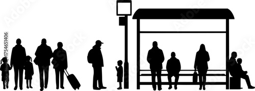 Children and adults waiting at bus stops silhouette vector illustration isolated on white background
