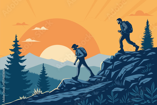 Hikers trek through a rocky landscape at sunset with mountains and trees.