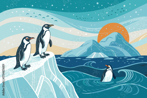 Three penguins are on an icy shore with mountains and the sun in the background.