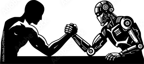 Transparent PNG available
Man Versus Machine: A stark black and white depiction of a human engaging in an arm wrestling contest against a robotic opponent, symbolizing the challenges and conflicts of