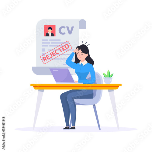 Sad woman with job application rejected illustration
