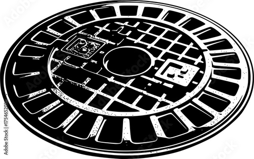 black and white silhouette of a manhole cover vector on a white background
