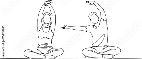 Continuous line art or One Line Drawing of a woman stretching arms is relaxing, Happy man and woman raising hands in an exercise of relax and breathing, one line continuous ...
