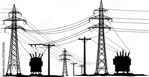 Collection of industrial electricity transmission tower and transformer silhouettes vector illustration isolated on white background
