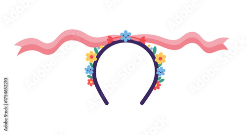 Cartoon Headband with Flowers and Pink Ribbon Decoration.