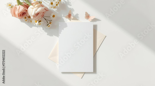 Blank card on beige envelope with pink roses and daisies, creating soft and elegant atmosphere