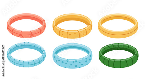 Colorful Cartoon Bangles: Orange Yellow Blue and Green Designs.