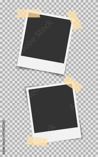 Instant photo frame layout. Minimalist template. Two retro photo with adhesive tape. Taped blank photo placeholder. Vintage instant picture mockup