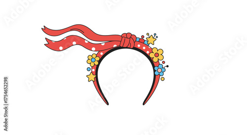 Red Polka Dot Headband with Flowers and Stars Cartoon Style.