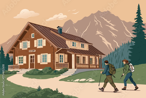 Two hikers approach a rustic mountain lodge nestled in a scenic landscape.