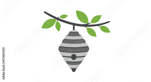 A natural beehive hanging from a tree branch with green leaves.