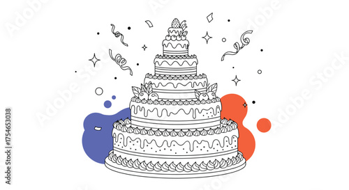 A beautifully decorated multi-tiered cake with festive confetti and colorful splatters celebrating a special occasion.
