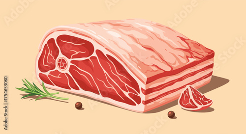 A raw cut of pork loin with rosemary and peppercorns for seasoning.