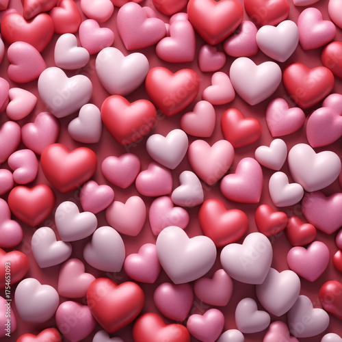 A vibrant and cheerful background filled with numerous heart-shaped candies in various shades of pink, red, blue, and white, perfect for romantic themes