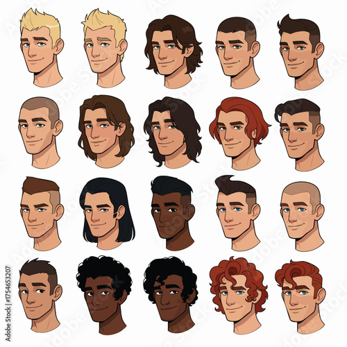 A diverse collection of illustrated male character heads with various hairstyles and expressions.