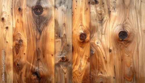 Close up of weathered wooden planks with visible grain knots and natural texture in warm indoor lighting