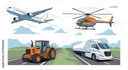 Diverse modes of transportation including an airplane helicopter tractor and tanker truck on a road.