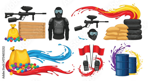 A collection of colorful paintball equipment and game elements like guns masks and paintballs.