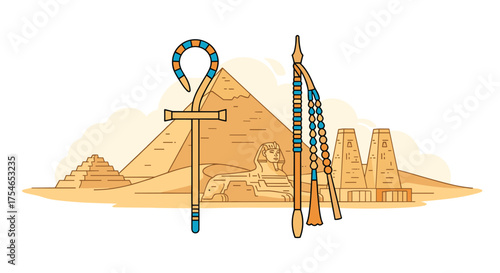 An ancient Egyptian scene with pyramids and symbols of pharaonic power.