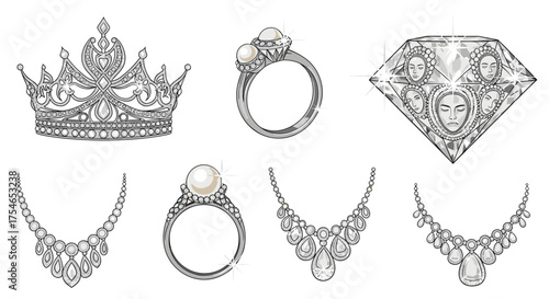 An elegant collection of sparkling diamond jewelry including a tiara rings necklaces and a large faceted gem.