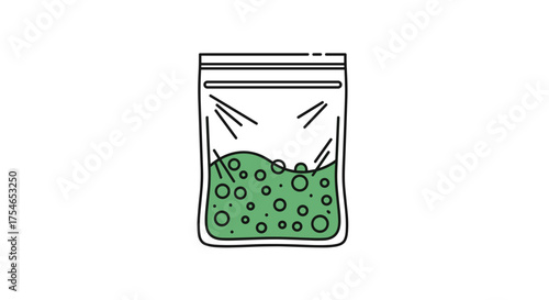 An illustration of a small clear plastic bag filled with green cannabis flower buds and small bubbles.