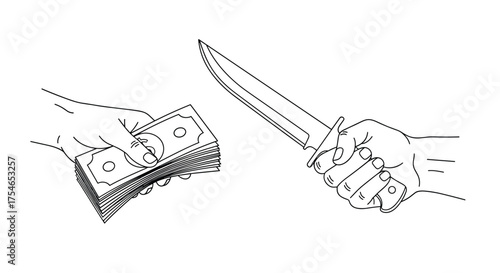 A hand holds a bundle of cash while another hand grips a large knife.