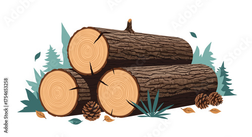 A stack of freshly cut logs surrounded by pine trees and fallen leaves.
