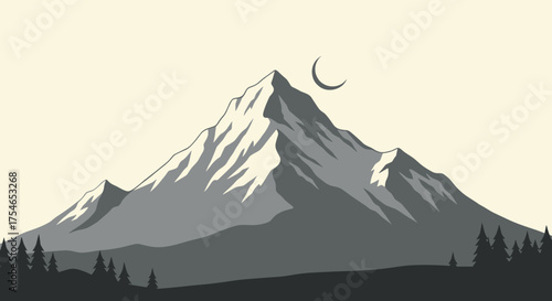 Serene mountain landscape under a crescent moon with silhouetted pine trees.