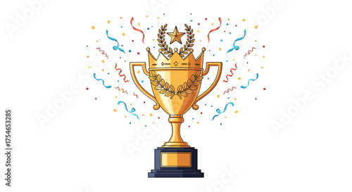 A golden trophy with a laurel wreath sits center stage surrounded by colorful confetti.