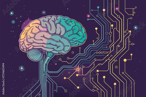 A stylized brain connected to a glowing circuit board in a starry background.