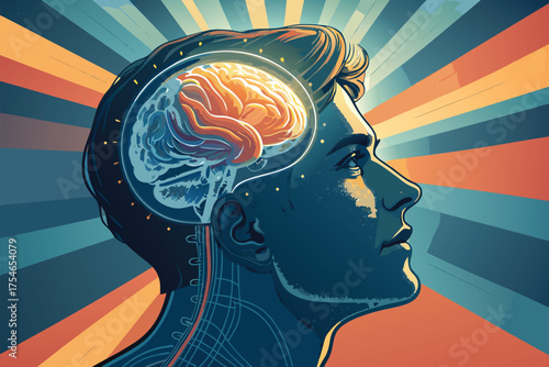 A stylized profile of a man's head with a glowing brain.