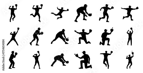 Baseball players in action silhouettes sport
