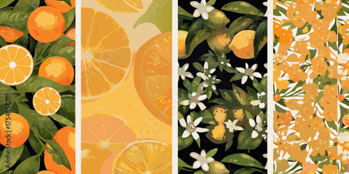 Vibrant orange citrus fruits and blossoms in a stylized artistic vertical collage