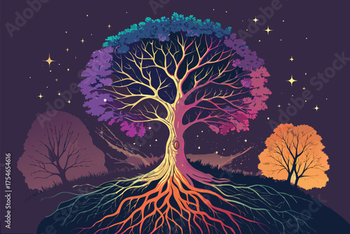 A vibrant tree with glowing roots under a starry night sky.