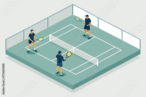 Four people play tennis on an outdoor court with a net.