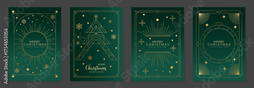 Luxury Merry Christmas Happy Holiday and Happy New Year Vector Greeting Card Set with Gold Ornaments and Christmas Tree on Dark Green Background