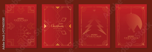 Luxury Merry Christmas Happy Holiday and Happy New Year Vector Greeting Card Set with Gold Line Art and Christmas Tree on Red Background