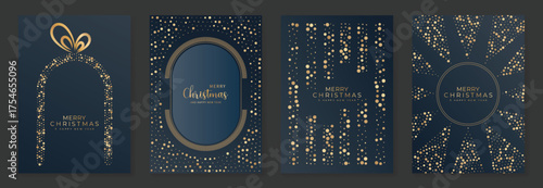 Luxury Merry Christmas Happy Holiday and Happy New Year Vector Greeting Card Set with Gold Sparkle Lights on Dark Blue Background