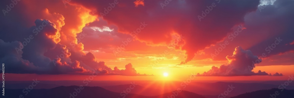 Fototapeta premium Vast sunset sky panorama, fiery clouds ablaze, formation, ambient, aerial