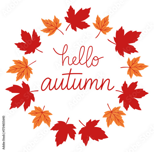 Schriftzug mit Herbstblättern im Kranz – warmes herbstliches Design mit roten und orangefarbenen Ahornblättern, perfekte herbstliche Dekoration für Grußkarten, Prints, Wandbilder