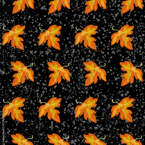 Autumn seamless pattern of orange leaves on black background. Holiday floral ornament on dark background. Halloween vector illustration. Fall seasonal pattern. Decor for Thanksgiving Day
