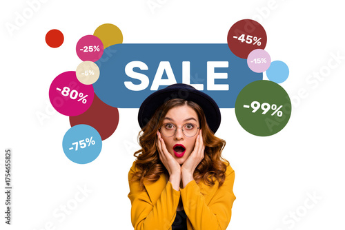 Canvas Print Composite photo collage of astonished pretty glamour girl wear suit hat glasses