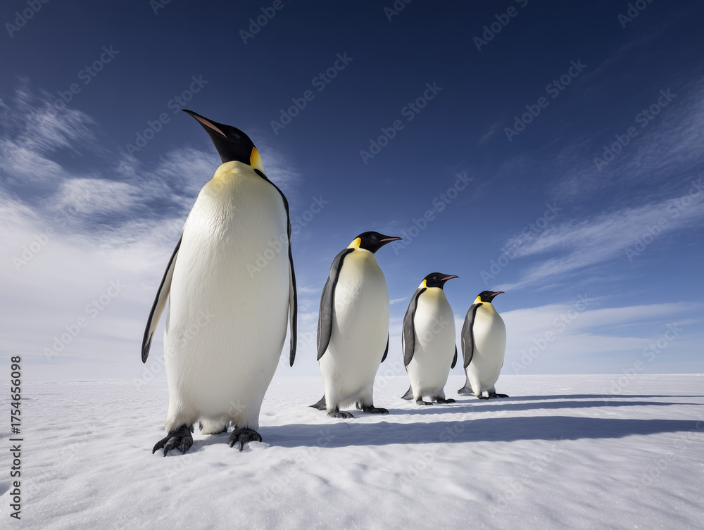 Obraz premium Emperor Penguins on Snow – Majestic Group in Antarctic Landscape, Blue Sky