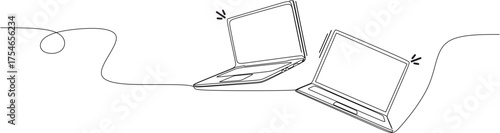 Continuous line drawing. Laptop computer with white and empty screen. Vector illustration