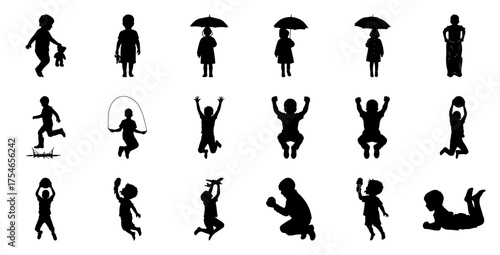 Children playing and jumping silhouettes teddy bear