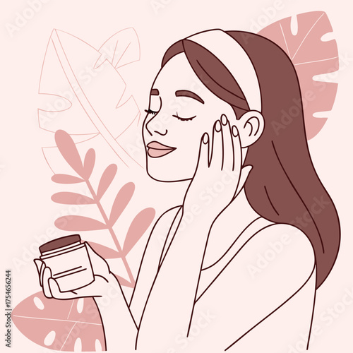 A minimalist, line-art illustration of a woman engaged in a skincare routine.