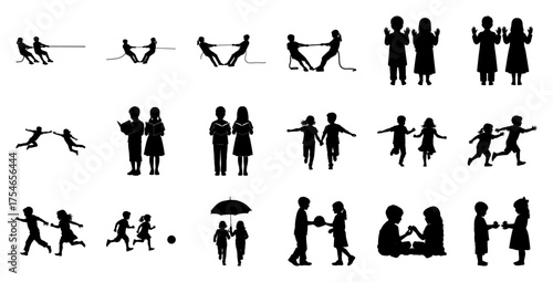 Children playing and reading silhouettes tug of war