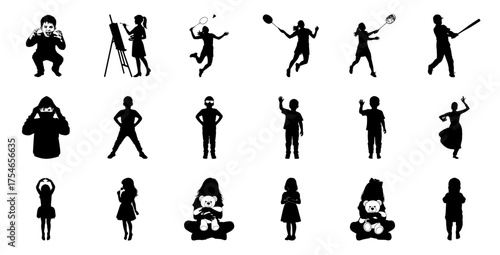 Children playing sports painting dancing and holding toys