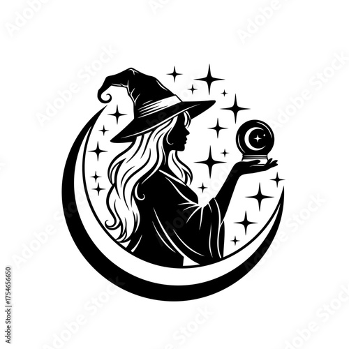 Mystical Halloween Witch Holding Crystal Ball on Crescent Moon with Stars - Magical Silhouette Art